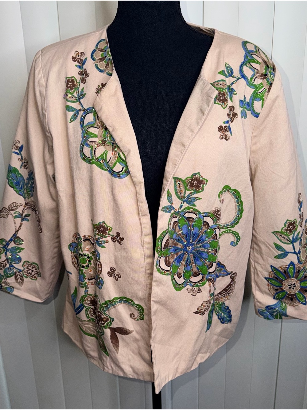 Vintage Frenz by Theresa Renz Open Blouse with Floral Sequins Detail Sz XL